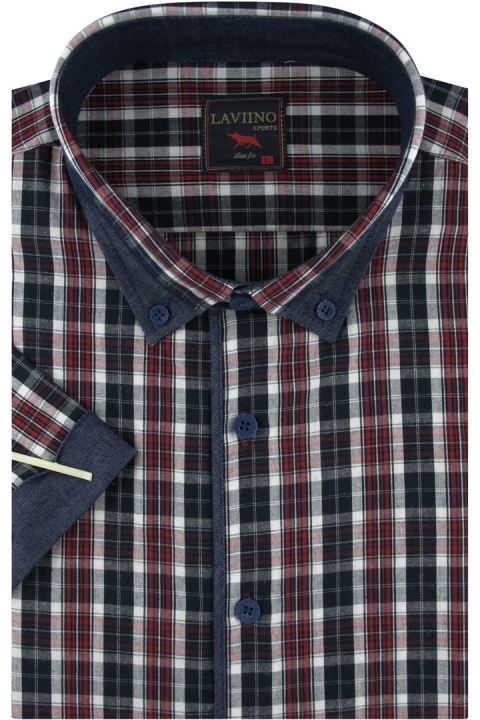 Koszula-Męska-Casual-na-co-dzień-do-pracy-bordowa-w-kratkę--z-krótkim-rękawem-w-kroju-SLIM-FIT-Laviino-IMG_8468.JPG