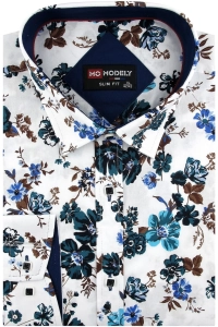 Koszula Męska Elegancka Wizytowa do garnituru biała w kwiatki z długim rękawem w kroju SLIM FIT Modely E048