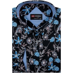 Koszula Męska Elegancka Wizytowa do garnituru granatowa w kwiatki z długim rękawem w kroju SLIM FIT Modely E053
