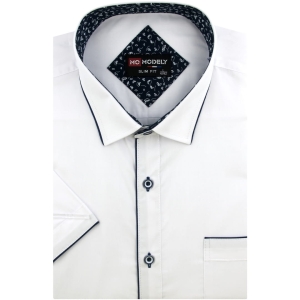 Koszula Męska Elegancka Wizytowa do garnituru gładka biała z lamówką z krótkim rękawem w kroju SLIM FIT Modely N846