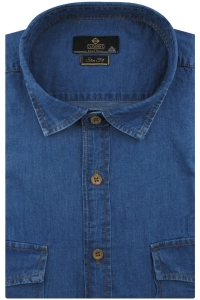 Koszula Męska Jeansowa Dżinsowa gładka granatowa z długim rękawem w kroju SLIM FIT Classo E402