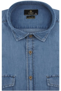 Koszula Męska Jeansowa Dżinsowa gładka niebieska z długim rękawem w kroju SLIM FIT Classo E404