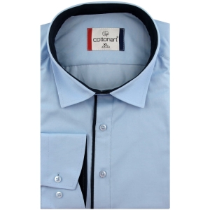 Koszula Męska Elegancka Wizytowa do garnituru gładka niebieska z lamówką z długim rękawem w kroju SLIM FIT Cottonart E408