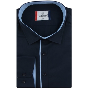 Koszula Męska Elegancka Wizytowa do garnituru gładka granatowa z lamówką z długim rękawem w kroju SLIM FIT Cottonart E409