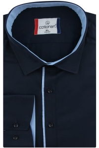 Koszula Męska Elegancka Wizytowa do garnituru gładka granatowa z lamówką z długim rękawem w kroju SLIM FIT Cottonart E409
