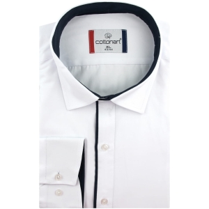 Koszula Męska Elegancka Wizytowa do garnituru gładka biała z lamówką z długim rękawem w kroju SLIM FIT Cottonart E410