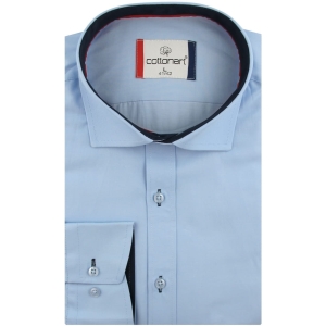 Koszula Męska Elegancka Wizytowa do garnituru gładka niebieska z długim rękawem w kroju SLIM FIT Cottonart E412