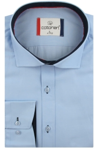 Koszula Męska Elegancka Wizytowa do garnituru gładka niebieska z długim rękawem w kroju SLIM FIT Cottonart E412