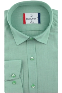 Lniana Koszula Męska Codzienna gładka zielona z długim rękawem w kroju SLIM FIT Cottonart E424