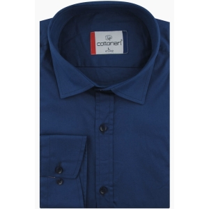 Koszula Męska Elegancka Wizytowa do garnituru gładka granatowa z długim rękawem w kroju SLIM FIT Cottonart E430