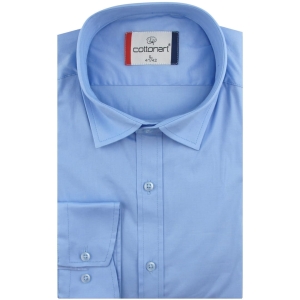 Koszula Męska Elegancka Wizytowa do garnituru gładka niebieska z długim rękawem w kroju SLIM FIT Cottonart E433