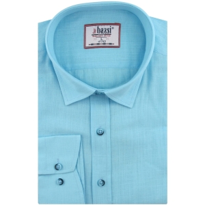 Lniana Koszula Męska Codzienna gładka turkusowa z długim rękawem w kroju SLIM FIT Bassi E448