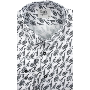 Duża Koszula Męska Elegancka Wizytowa do garnituru cyfrowy nadruk biała w instrumenty z długim rękawem Duże rozmiary Espada Men's Wear E498