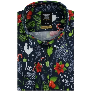 Koszula Męska Elegancka na Święta granatowa z Motywem Świątecznym z długim rękawem w kroju SLIM FIT London Square E953