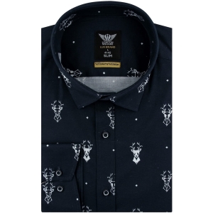 Koszula Męska Elegancka na Święta granatowa z Motywem Świątecznym z długim rękawem w kroju SLIM FIT London Square E962