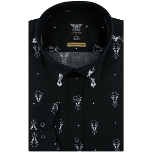 Koszula Męska Elegancka na Święta czarna z Motywem Świątecznym z długim rękawem w kroju SLIM FIT London Square E969