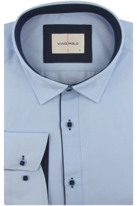 Koszula Męska Elegancka Wizytowa do garnituru gładka niebieska z lamówką z długim rękawem w kroju SLIM FIT Viadi Polo H049