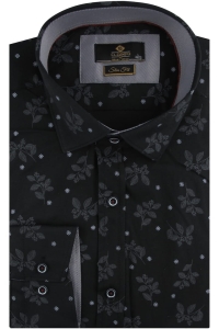 Koszula Męska Elegancka Wizytowa do garnituru czarna w kwiatki z długim rękawem w kroju SLIM FIT Classo H184