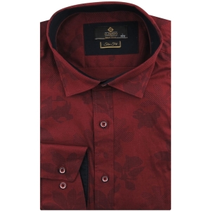 Koszula Męska Elegancka Wizytowa do garnituru bordowa w kwiaty z długim rękawem w kroju SLIM FIT Classo H199