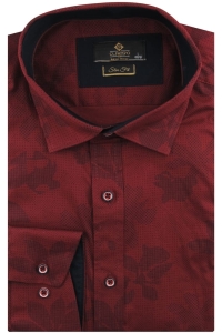 Koszula Męska Elegancka Wizytowa do garnituru bordowa w kwiaty z długim rękawem w kroju SLIM FIT Classo H199