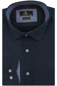 Koszula Męska Elegancka Wizytowa do garnituru granatowa we wzorki z długim rękawem w kroju SLIM FIT Classo H245