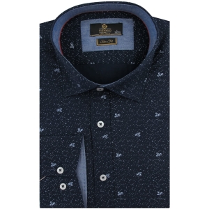 Koszula Męska Elegancka Wizytowa do garnituru granatowa we wzorki z długim rękawem w kroju SLIM FIT Classo H250
