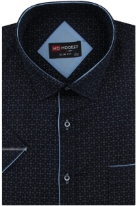 Koszula Męska Elegancka Wizytowa do garnituru granatowa we wzorki z lamówka z krótkim rękawem w kroju SLIM FIT Modely P430