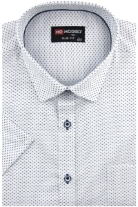 Koszula Męska Elegancka Wizytowa do garnituru biała we wzorki z krótkim rękawem w kroju SLIM FIT Modely P489