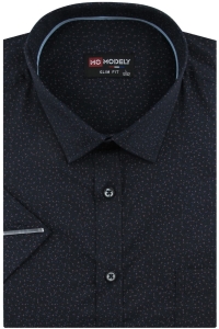 Koszula Męska Elegancka Wizytowa do garnituru granatowa we wzorki z krótkim rękawem w kroju SLIM FIT Modely P543