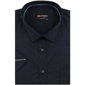 Koszula Męska Elegancka Wizytowa do garnituru granatowa we wzorki z krótkim rękawem w kroju SLIM FIT Modely P543