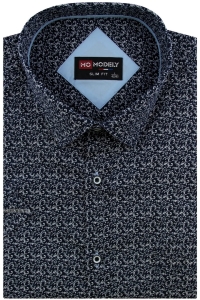 Koszula Męska Elegancka Wizytowa do garnituru granatowa we wzorki z krótkim rękawem w kroju SLIM FIT Modely P623