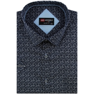 Koszula Męska Elegancka Wizytowa do garnituru granatowa we wzorki z krótkim rękawem w kroju SLIM FIT Modely P623
