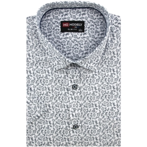Koszula Męska Elegancka Wizytowa do garnituru biała w kwiatki z krótkim rękawem w kroju SLIM FIT Modely P646