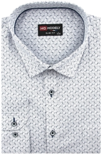 Koszula Męska Elegancka Wizytowa do garnituru biała we wzorki z długim rękawem w kroju SLIM FIT Modely H307
