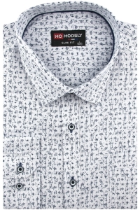 Koszula Męska Elegancka Wizytowa do garnituru biała we wzorki z długim rękawem w kroju SLIM FIT Modely H309