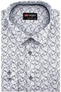 Lniana Koszula Męska Codzienna Casual biała we wzorki z długim rękawem w kroju SLIM FIT Modely H317