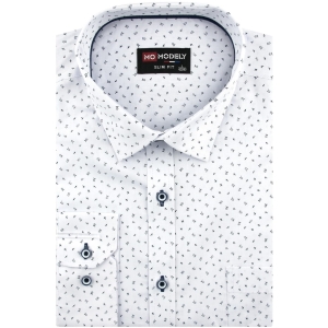 Koszula Męska Elegancka Wizytowa do garnituru biała we wzorki z długim rękawem w kroju SLIM FIT Modely H328