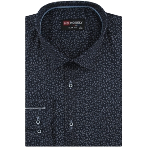 Koszula Męska Elegancka Wizytowa do garnituru granatowa w kwiatki z długim rękawem w kroju SLIM FIT Modely H344