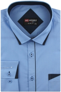 Duża Koszula Męska Elegancka Wizytowa do garnituru gładka niebieska z lamówką z długim rękawem Duże rozmiary H388