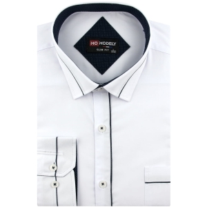 Koszula Męska Elegancka Wizytowa do garnituru gładka biała z lamówką z długim rękawem w kroju SLIM FIT Modely H389