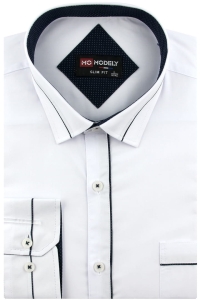 Koszula Męska Elegancka Wizytowa do garnituru gładka biała z lamówką z długim rękawem w kroju SLIM FIT Modely H389