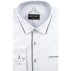 Koszula Męska Elegancka Wizytowa do garnituru gładka biała z lamówką z długim rękawem w kroju SLIM FIT Modely H390