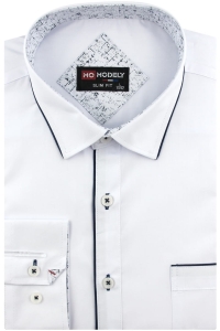Koszula Męska Elegancka Wizytowa do garnituru gładka biała z lamówką z długim rękawem w kroju SLIM FIT Modely H390
