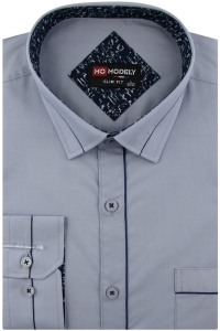 Koszula Męska Elegancka Wizytowa do garnituru gładka szara z lamówką z długim rękawem w kroju SLIM FIT Modely H405