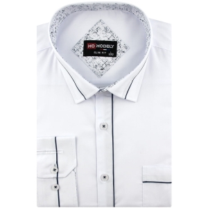 Koszula Męska Elegancka Wizytowa do garnituru gładka biała z lamówką z długim rękawem w kroju SLIM FIT Modely H407