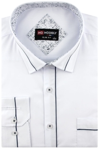 Koszula Męska Elegancka Wizytowa do garnituru gładka biała z lamówką z długim rękawem w kroju SLIM FIT Modely H407
