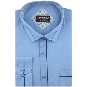 Koszula Męska Elegancka Wizytowa do garnituru gładka niebieska z lamówką z długim rękawem w kroju SLIM FIT Modely H408