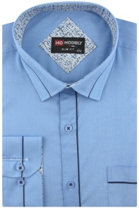 Koszula Męska Elegancka Wizytowa do garnituru gładka niebieska z lamówką z długim rękawem w kroju SLIM FIT Modely H408