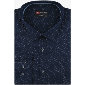 Koszula Męska Elegancka Wizytowa do garnituru granatowa we wzorki z długim rękawem w kroju SLIM FIT Modely H414