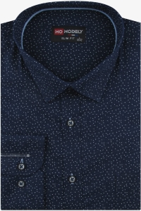 Koszula Męska Elegancka Wizytowa do garnituru granatowa we wzorki z długim rękawem w kroju SLIM FIT Modely H414